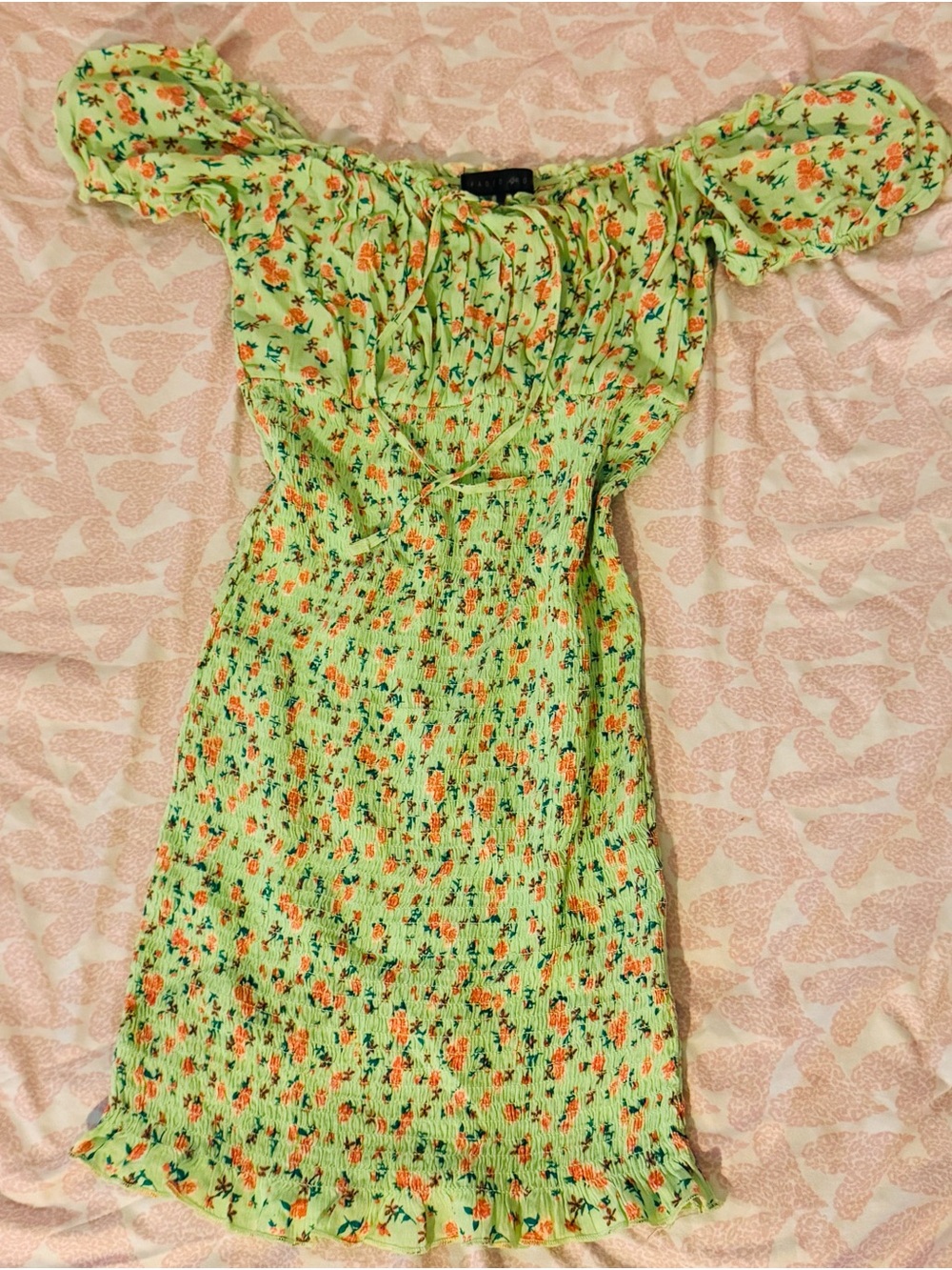 Green Floral Off-Shoulder Smocked Dress